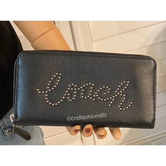 COACH BLACK LEATHER Accordion Zip Wallet w/Studded Coach Script + TISSUE PAPER - Picture 2 of 16